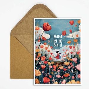 Carte postale avec motif floral pour maman, carte de fête des mères avec dicton, Maman est la meilleure, illustration mère avec enfant, carte à offrir en cadeau