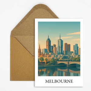 Carte postale de voyage de Melbourne en Australie avec skyline et front de mer, carte moderne pour les voyages en Australie ou comme idée cadeau