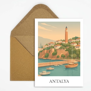 Cartolina di Antalya (Turchia) con paesaggio costiero e città vecchia, cartolina estiva come ricordo delle vacanze o souvenir per gli amanti della Turchia
