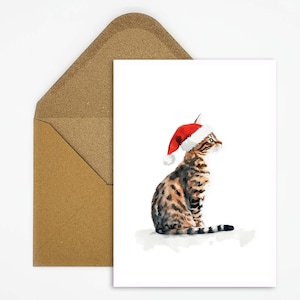 Kerstkaart met kattenmotief, Bengaalse kat met kerstmuts, ansichtkaart voor kattenliefhebbers voor dierenkerstgroeten of als decoratie