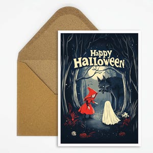 Halloween-wenskaart met meisje en wolf in het bos illustratie voor griezelige uitnodigingen en decoratieve Halloween-groeten met "Happy Halloween"