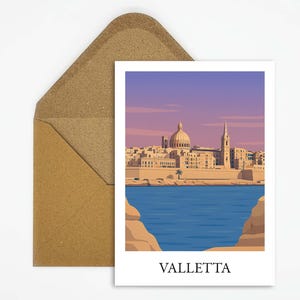Valletta Malta Reise Postkarte mit Altstadt, stilvolle Karte als Erinnerung oder Geschenkidee für Mittelmeer-Reisende und Insel-Fans