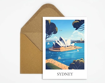 May include: A postcard featuring an illustration of the Sydney Opera House on a sunny day. The artwork depicts the iconic building with its white sails, surrounded by blue water and sailboats. The word "SYDNEY" is printed at the bottom.