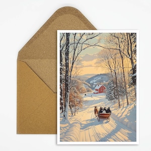 Nostalgische Weihnachtspostkarte mit Pferdeschlitten, Ideal für festliche Weihnachtsgrüße, Retro Weihnachtskarte im Vintage-Stil