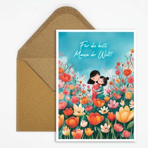 Tarjeta del día de la madre para la mejor mamá del mundo, ilustración de madre e hijo, postal para el día de la madre, tarjeta de felicitación, tarjeta de felicitación para mamá