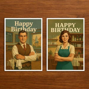Carte d'anniversaire pour le métier de restaurateur, carte postale avec illustration vintage et rétro, carte d'anniversaire à offrir