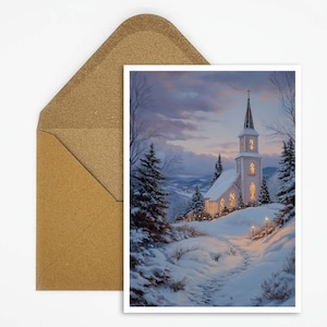 Kerstkaart met een besneeuwde kerk in de winter, contemplatieve kerstkaart met een winterlandschap, perfect voor feestelijke groeten