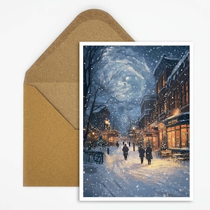 Nostalgische kerstkaartenwinkelstraat met feestelijke verlichting voor sfeervolle kerstgroeten en feestelijke aankleding