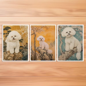 Cartolina cane Bichon Frise, cartolina animale con carta cane, cane stile Hokusai, stile giapponese, biglietto di compleanno, cartolina d'arte, regalo