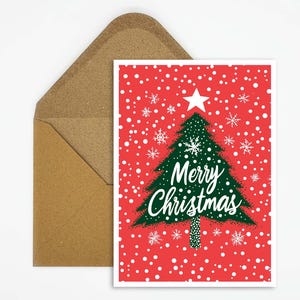Cartolina di Natale con albero di Natale verde e fiocchi di neve su sfondo rosso, cartolina di Natale come regalo o decorazione