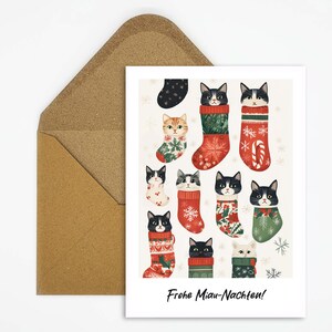 Simpatico biglietto di Natale con gatti con calzini festivi, cartolina per gli amanti dei gatti per gli auguri di Natale con animali in regalo