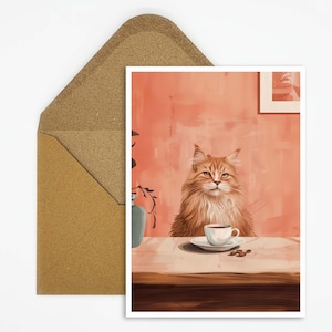 Carte postale Chat des Forêts Norvégiennes avec café, art félin pour les amateurs de café, illustration nostalgique pour une atmosphère de café chaleureuse
