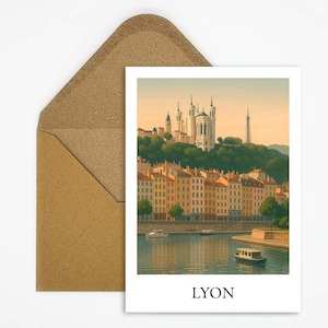 Carte postale de voyage de Lyon en France avec motif de la vieille ville et de la rivière, carte de voyage parfaite pour les voyageurs de la ville et les amoureux de l'architecture française
