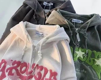 Y2K full zip streetwear hoodie, embroidered hoodie, unisex hoodie, retro hoodie, couple hoodie, hip hop hoodie, star print hoodie, gift