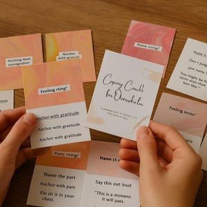 Tarjetas de afrontamiento para la sobrecarga / Baraja imprimible para aliviar la ansiedad / Herramientas de apoyo para la salud mental / Tarjetas recordatorio para la calma / Descarga en PDF