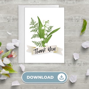 Tarjeta de agradecimiento imprimible y plantilla de sobre, descarga instantánea, tarjeta de agradecimiento floral, tarjeta de agradecimiento simple imprimible, lirio de los valles