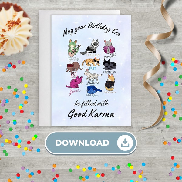 Printable Birthday Card for Swifties, Taylor inspired Birthday, Instant Download, Eras, Karma Birthday Card and Envelope printable templates