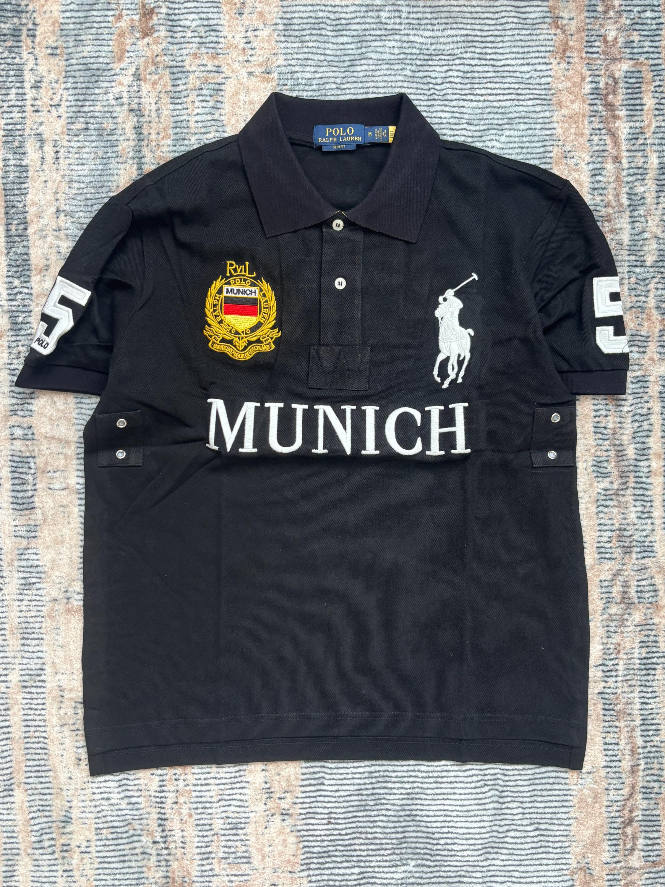 Vintage Polo Ralph Lauren Munich Polo Shirt Black Gold Crest