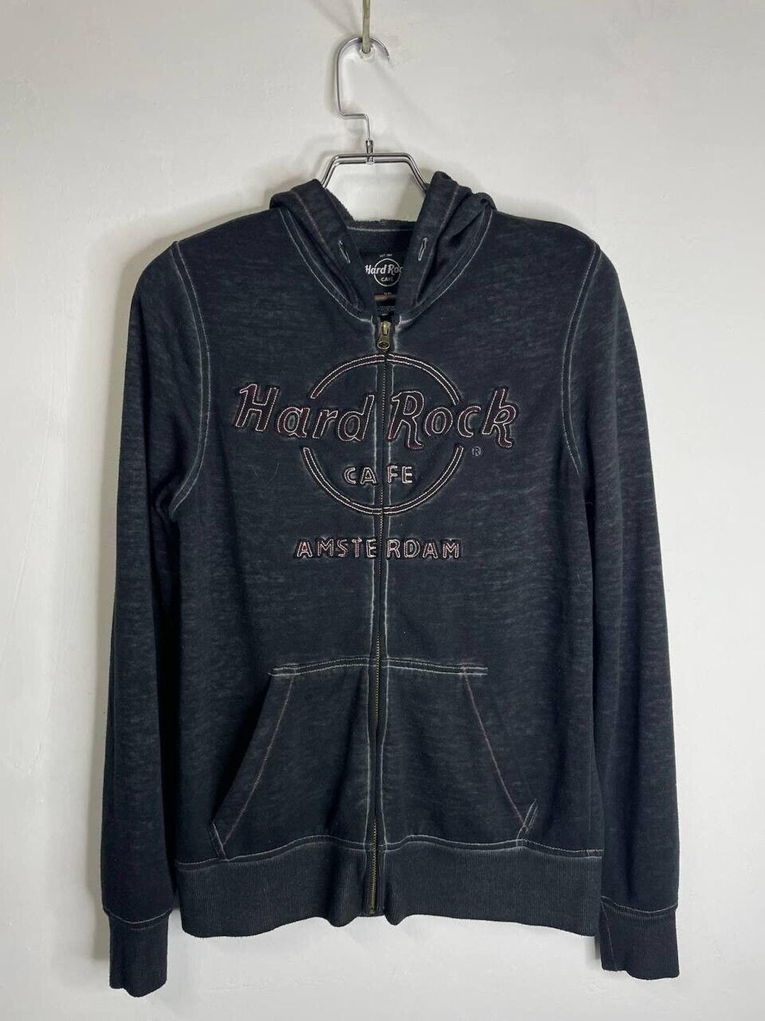 Vintage Hard Rock Cafe Amsterdam Zip Hoodie Black Embroidered Logo