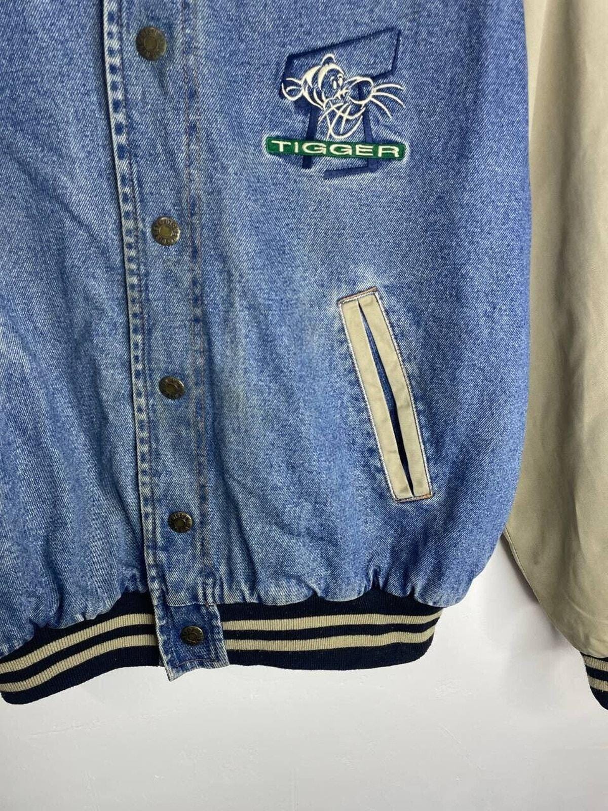Vintage Disney Tigger Denim Varsity Jacket Blue Beige Size S Walt 