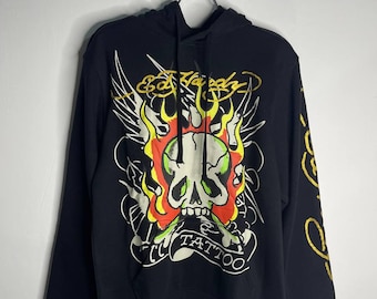 Felpa con cappuccio vintage Ed Hardy Love Kill Slowly Skull Tattoo Y2K Nero Avant Garde Streetwear