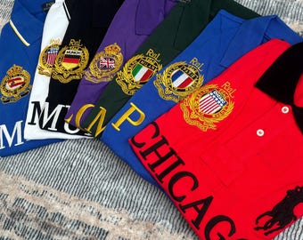 Camisa polo vintage Polo Ralph Lauren Big Pony con logo de escudo City Edition azul para hombre