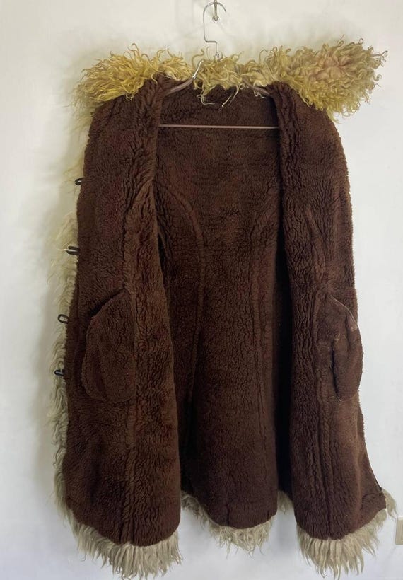 Vintage Shearling Long Coat With Shaggy Fur Trim Brown Winter