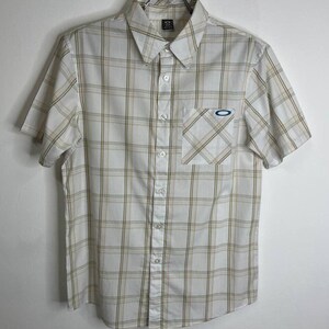Camicia a quadri vintage Oakley a maniche corte con bottoni e logo beige giallo taglia M