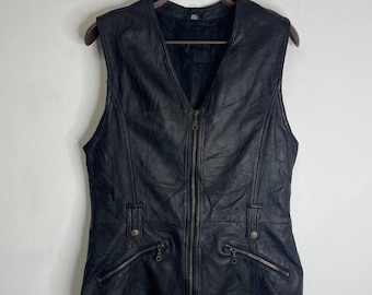 Vintage Black Leather Long Utility Vest – Zipper Closure
