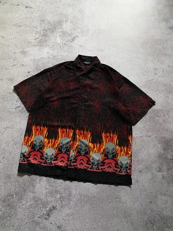 Vintage Crazy Y2K Flame Skull Button up Shirt Like JNCO - Etsy
