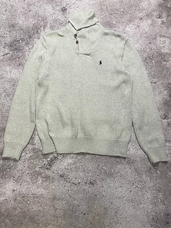Vintage Polo Ralph Lauren Shawl Collar Sweater Grey Knit M Preppy