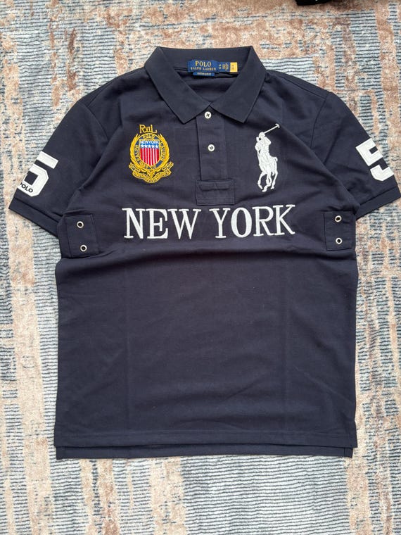 Vintage Polo Ralph Lauren New York Polo Shirt Navy Gold Crest 