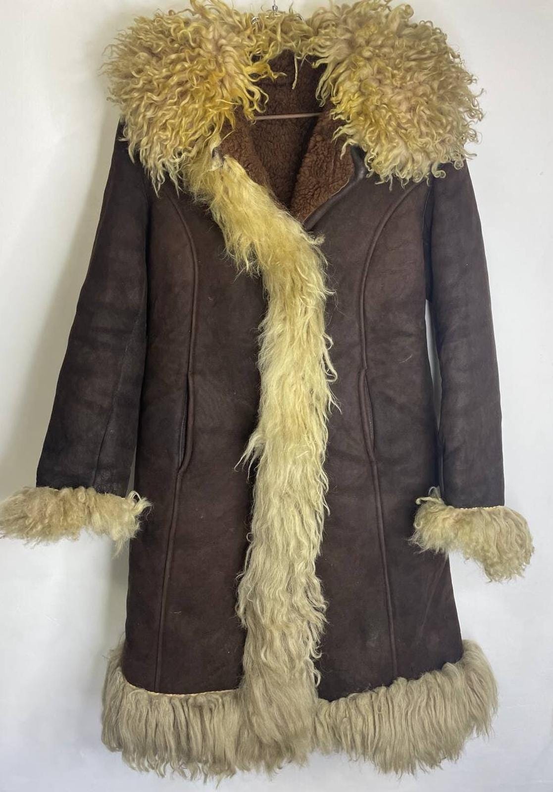 Vintage Shearling Long Coat With Shaggy Fur Trim Brown Winter