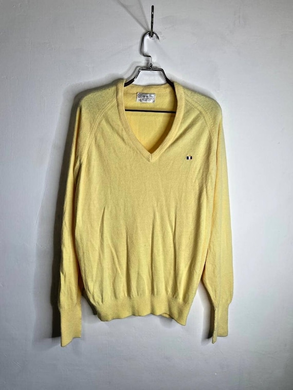 Vintage Christian Dior Yellow Sweater L V-neck Orlon Acrylic Made