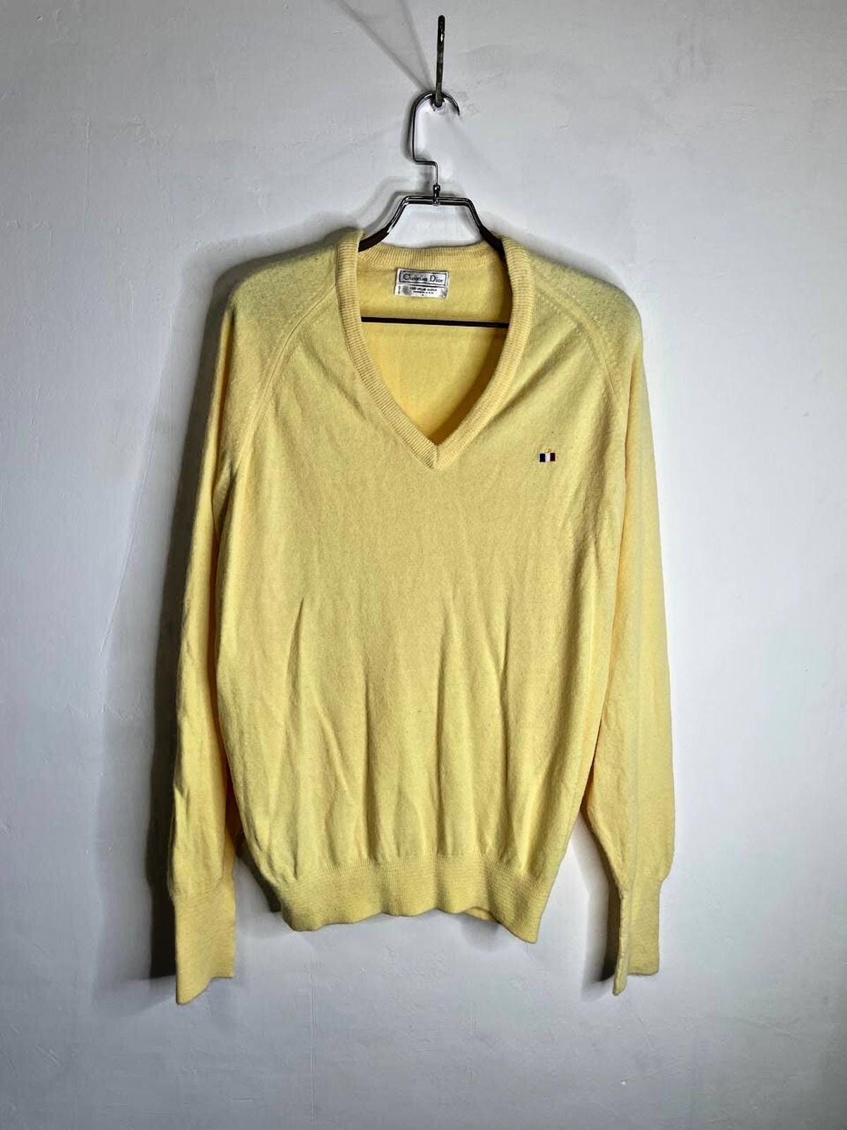 Vintage Christian Dior Yellow Sweater L V-neck Orlon Acrylic Made