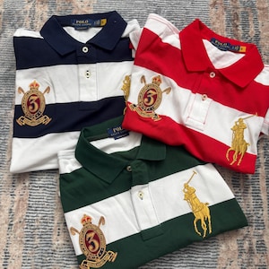 Vintage Polo Ralph Lauren rugbypoloshirts marineblauw/rood/groen geborduurd embleem