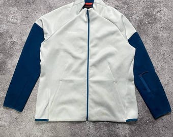 Chaqueta vintage Mammut blanca y azul con cremallera completa, polar, estilo senderismo para exteriores, talla L