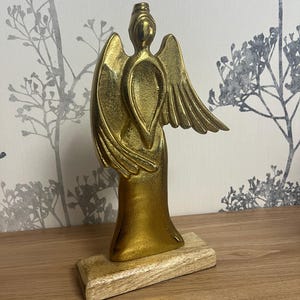 Gold Angel Sculpture – Handcrafted Metal and Wood Figurine, Guardian Angel Decor, Spiritual Gift, Modern Home Accent