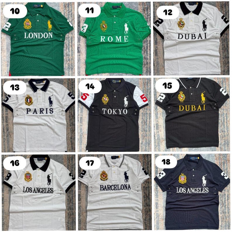 May include: Collection of polo shirts in various colors, each featuring city names like London, Rome, and Dubai. The shirts have short sleeves, collars, and embroidered logos. The shirts are available in green, white, black, and navy blue.