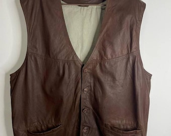 Vintage Brown Leather Vest XXL Button-Up with Front Pockets