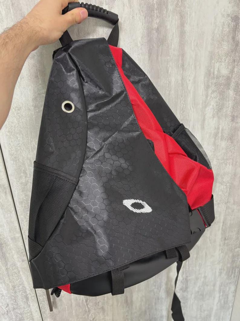 Vintage Oakley Style Hex Grid Sling Backpack Black Red Yellow