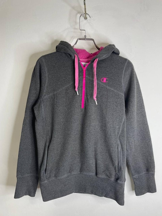 Vintage Champion Damen Grau Rosa Hoodie Half Zip Pullover
