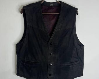 Vintage zwart leren westernvest met verstelbare gesp aan de achterkant, maat L