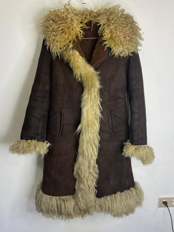 Vintage Shearling Long Coat With Shaggy Fur Trim Brown Winter