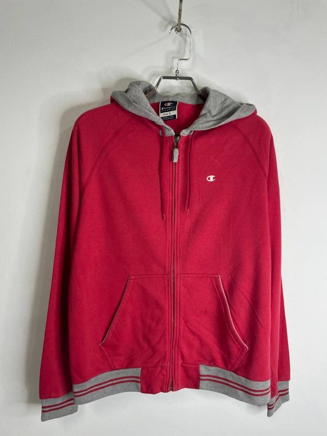 Vintage Champion Red Full Zip Hoodie With Gray Hood & Striped Hem