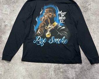Camiseta de manga larga vintage Pop Smoke negra con gráfico Meet The Woo V2 talla M