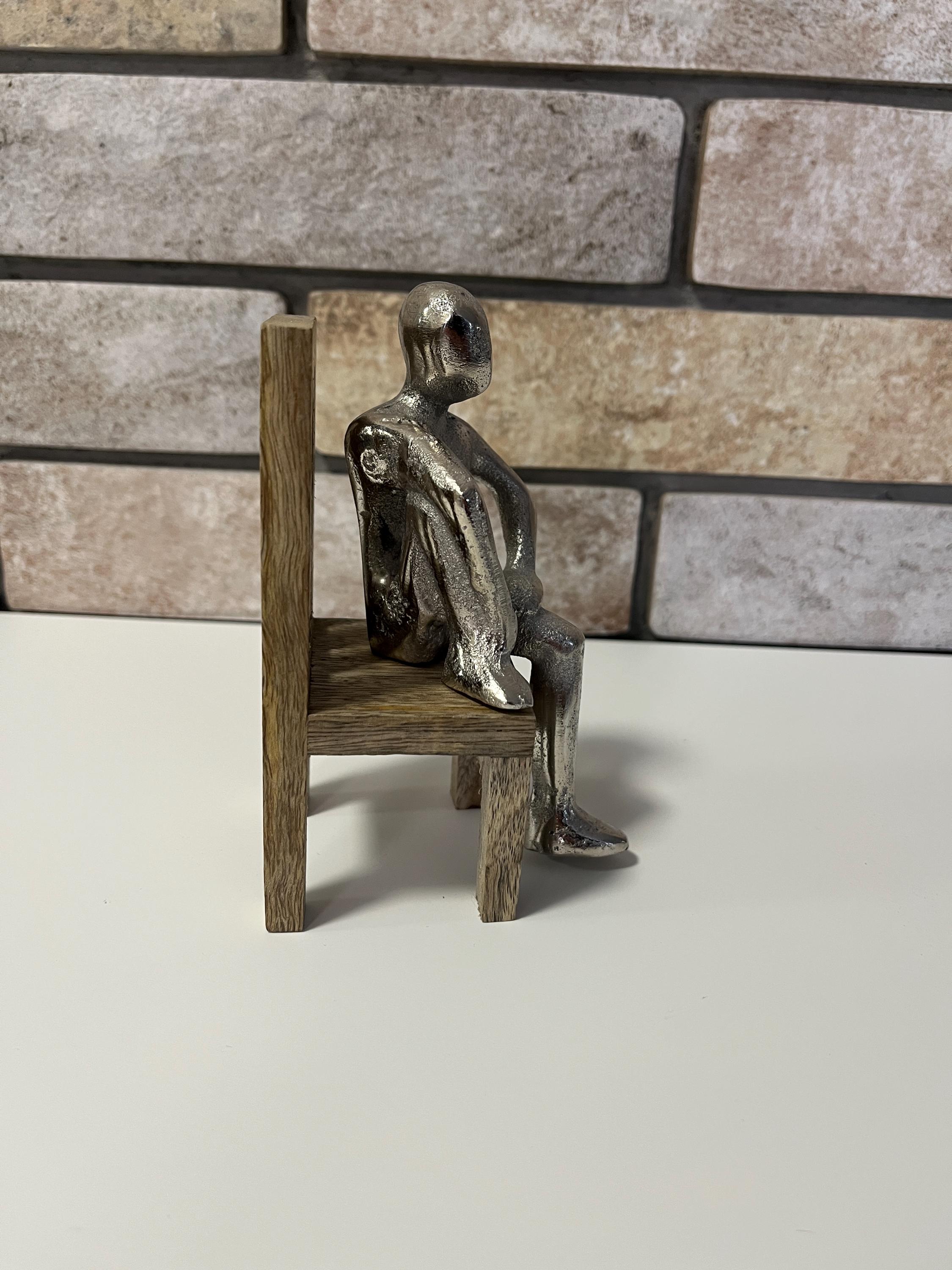 Abstract Sitting Man Sculpture – Modern Metal and Wood Figurine ...
