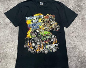 Vintage Monster Jam Europe Tour T-Shirt Black Graphic Trucks Double-Sided Size S