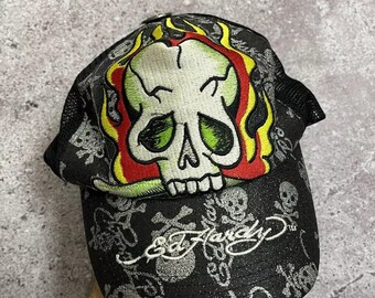 Vintage Ed Hardy Skull Flame Trucker Hat Y2K Tattoo Style 