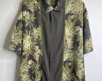 Vintage Tommy Bahama Floral Silk Shirt Brown Beige Blue XXL Hawaii Aloha